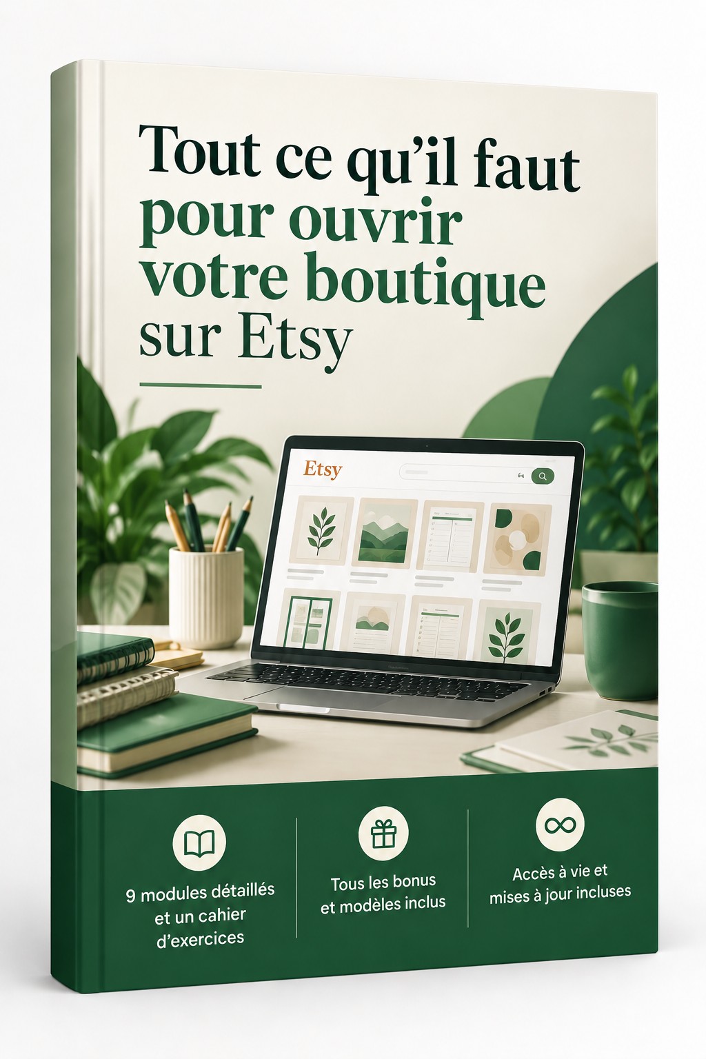 Couverture d'ebook montrant un ordinateur portable avec une boutique Etsy de planners imprimables, des icônes de types de fichiers et une tablette sur un bureau