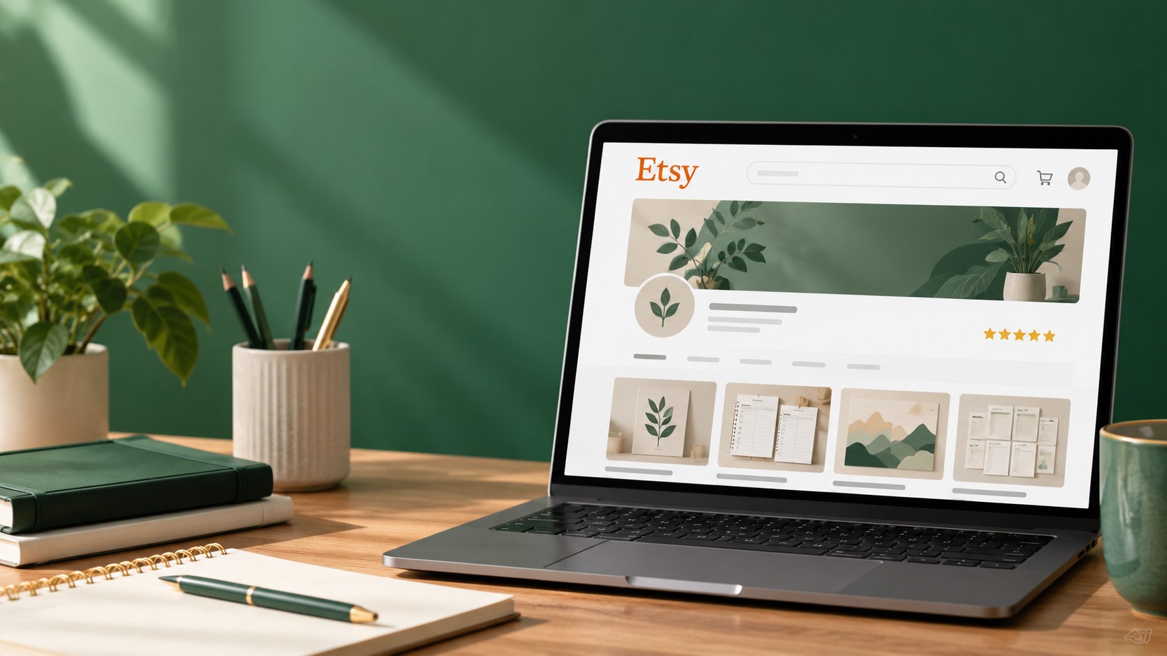 Liste de contrôle de configuration d'une boutique Etsy sur un ordinateur portable, avec un carnet listant des étapes comme choisir un nom de boutique, configurer les paiements et ajouter les politiques de la boutique