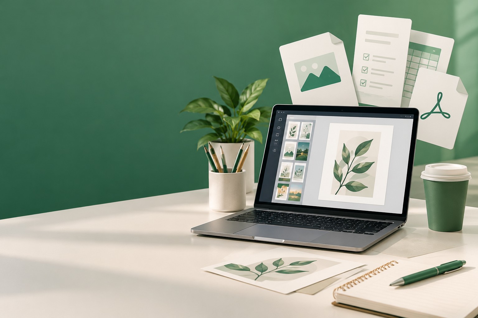 Icônes de Canva, Notion, Procreate et Google Sheets menant à un visuel sur un ordinateur portable, avec des options d'export PDF, PNG et lien