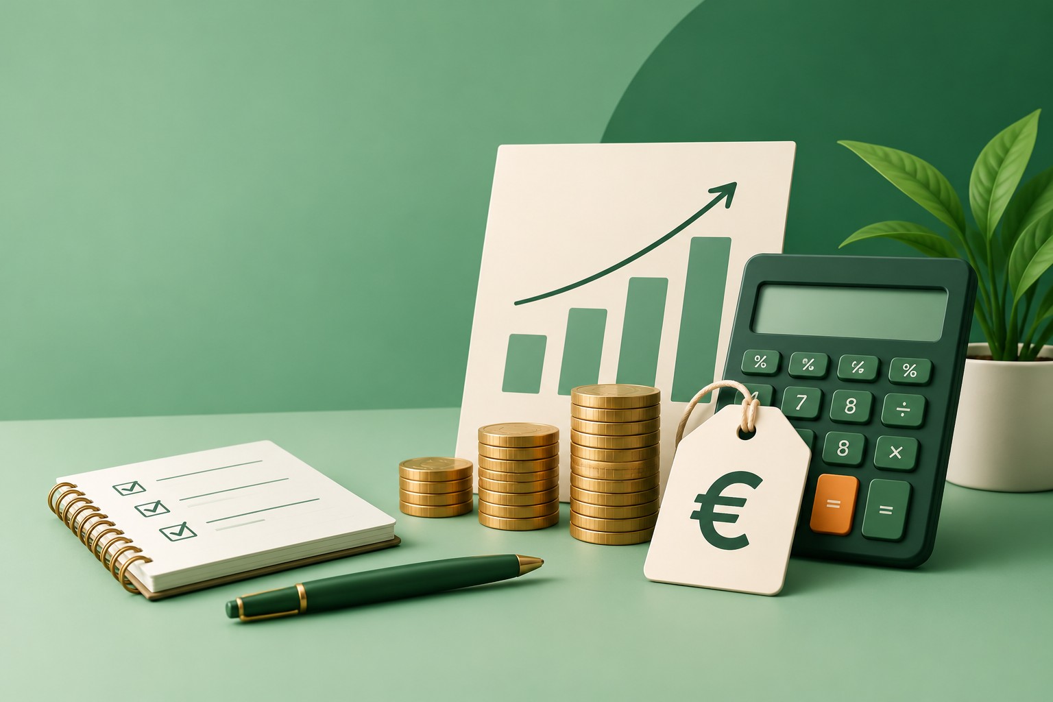 Carnet détaillant les frais et le bénéfice, à côté d'une calculatrice et d'un ordinateur portable affichant une annonce Etsy