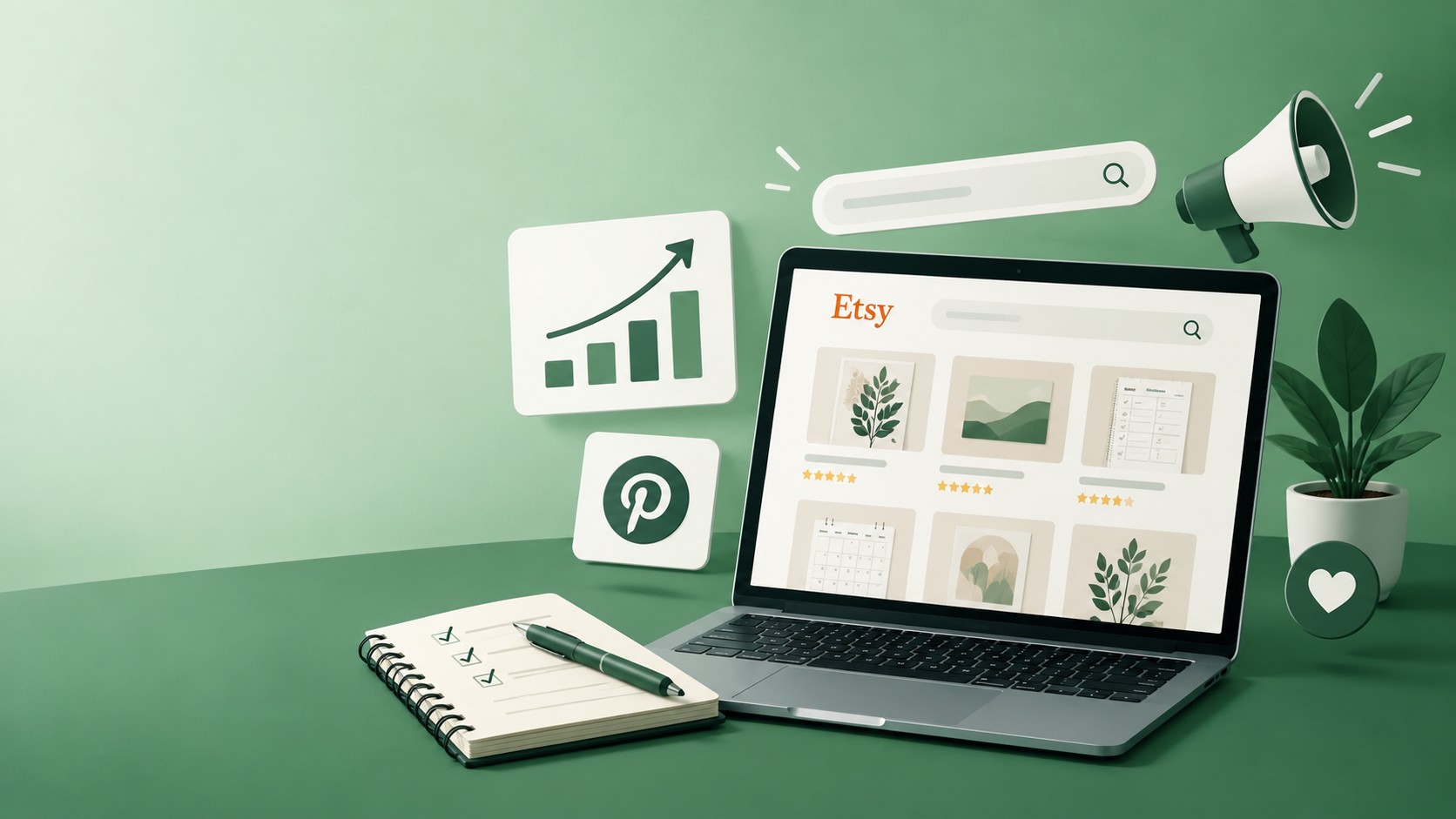 Annonce Etsy sur un ordinateur portable avec des suggestions de mots-clés, une liste de contrôle et des épingles Pinterest qui génèrent du trafic