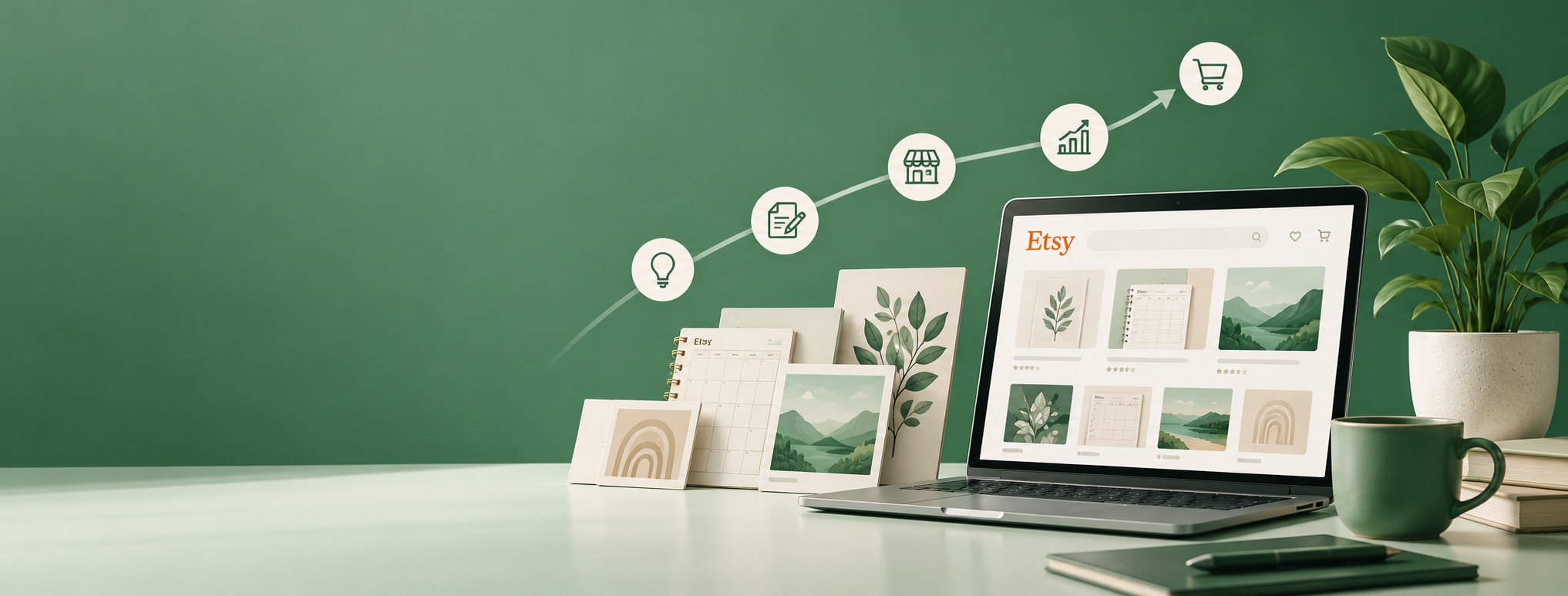 Gagner de l'argent sur Etsy avec des produits numériques : un ordinateur portable affichant une boutique Etsy de planners et de fichiers imprimables sur un bureau bien rangé